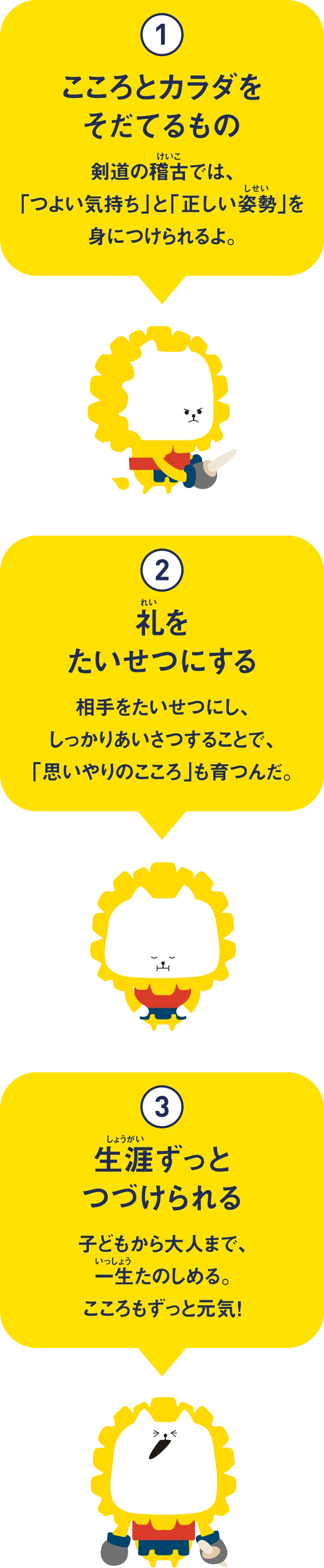 ①こころとカラダをそだてるもの。②礼を大切にする。③生涯ずっとつづけられる。